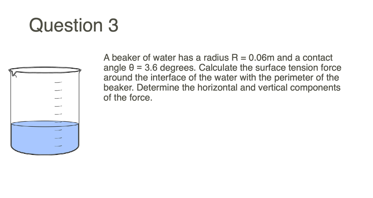 Question 3
A beaker of water has a radius R = 0.06m and a contact
angle 0 = 3.6 degrees. Calculate the surface tension force
around the interface of the water with the perimeter of the
beaker. Determine the horizontal and vertical components
of the force.
