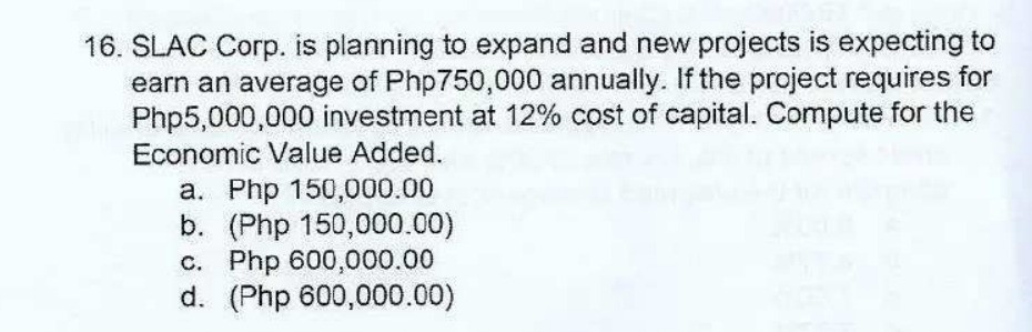 16. SLAC Corp. is planning to expand and new projects is expecting to
earn an average of Php750,000 annually. If the project requires for
Php5,000,000 investment at 12% cost of capital. Compute for the
Economic Value Added.
a. Php 150,000.00
b. (Php 150,000.00)
c. Php 600,000.00
d. (Php 600,000.00)
