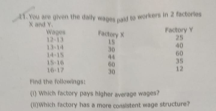 A1. You are given the dally wages pald to workers in 2 factorles
1. You are given the dally wages wald to workers in 2 factorles
X and Y.
Wages
12-13
13-14
14-15
Factory X
15
30
44
60
30
Factory Y
25
40
60
35
12
15-16
16-17
Find the followings:
(1) Which factory pays higher average wages?
(11)Which factory has a more consistent wage structure?
