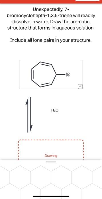 Unexpectedly, 7-
bromocyclohepta-1,3,5-triene will readily
dissolve in water. Draw the aromatic
structure that forms in aqueous solution.
Include all lone pairs in your structure.
1
H₂O
Drawing
a