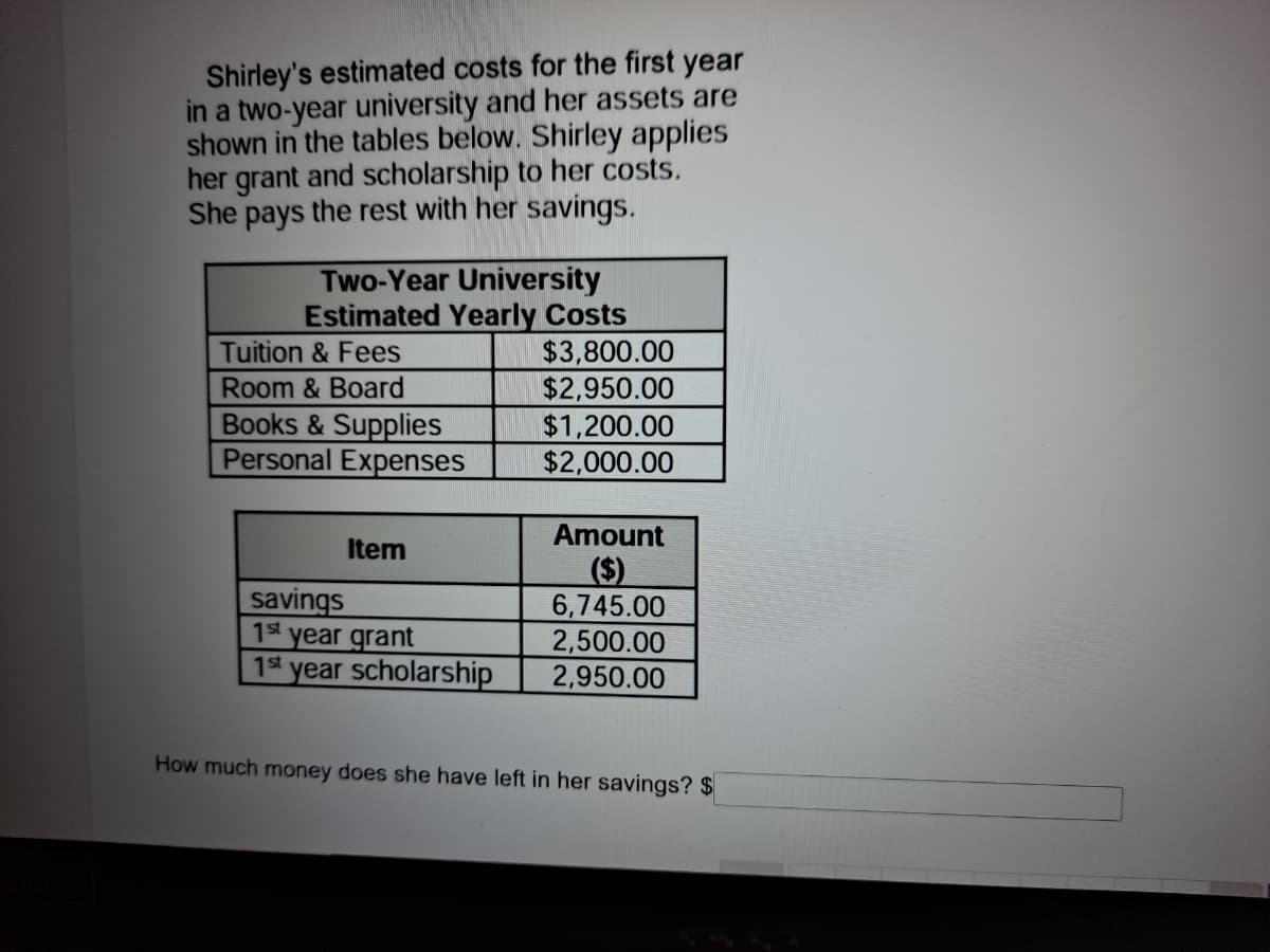 Shirley's estimated costs for the first year
in a two-year university and her assets are
shown in the tables below. Shirley applies
her grant and scholarship to her costs.
She pays the rest with her savings.
Tuition & Fees
Room & Board
Books & Supplies
Personal Expenses
Two-Year University
Estimated Yearly Costs
$3,800.00
$2,950.00
$1,200.00
$2,000.00
Amount
Item
($)
6,745.00
2,500.00
2,950.00
savings
1st
year grant
1st
year scholarship
How much money does she have left in her savings? $
