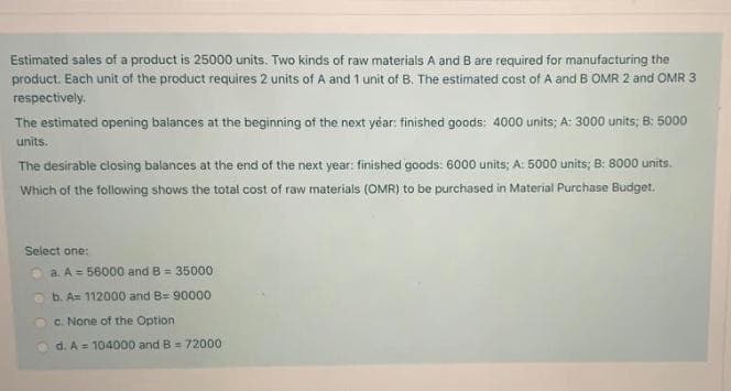 Estimated sales of a product is 25000 units. Two kinds of raw materials A and B are required for manufacturing the
product. Each unit of the product requires 2 units of A and 1 unit of B. The estimated cost of A and B OMR 2 and OMR 3
respectively.
The estimated opening balances at the beginning of the next year: finished goods: 4000 units; A: 3000 units; B: 5000
units.
The desirable closing balances at the end of the next year: finished goods: 6000 units; A: 5000 units; B: 8000 units.
Which of the following shows the total cost of raw materials (OMR) to be purchased in Material Purchase Budget.
Select one:
a. A = 56000 and B = 35000
e b. A 112000 and B= 90000
c. None of the Option
d. A= 104000 and B = 72000
