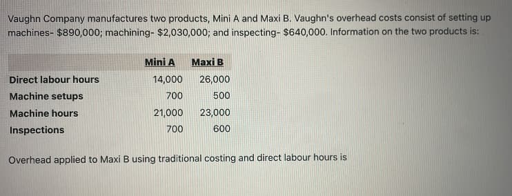 Vaughn Company manufactures two products, Mini A and Maxi B. Vaughn's overhead costs consist of setting up
machines- $890,000; machining- $2,030,000; and inspecting- $640,000. Information on the two products is:
Mini A
Мaxi В
Direct labour hours
14,000
26,000
Machine setups
700
500
Machine hours
21,000
23,000
Inspections
700
600
Overhead applied to Maxi B using traditional costing and direct labour hours is
