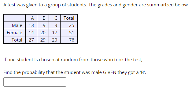 A test was given to a group of students. The grades and gender are summarized below
A
B
C Total
Male
13
9
3
Female 14 20 17
Total 27 29 20
25
51
76
If one student is chosen at random from those who took the test,
Find the probability that the student was male GIVEN they got a 'B'.
