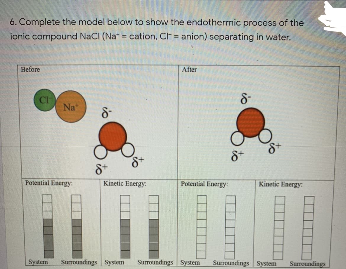 6. Complete the model below to show the endothermic process of the
ionic compound NaCI (Na* = cation, Cl = anion) separating in water.
Before
After
8-
Nat
8+
Potential Energy:
Kinetic Energy:
Potential Energy:
Kinetic Energy:
System
Surroundings System
Surroundings System
Surroundings System
Surroundings
io
