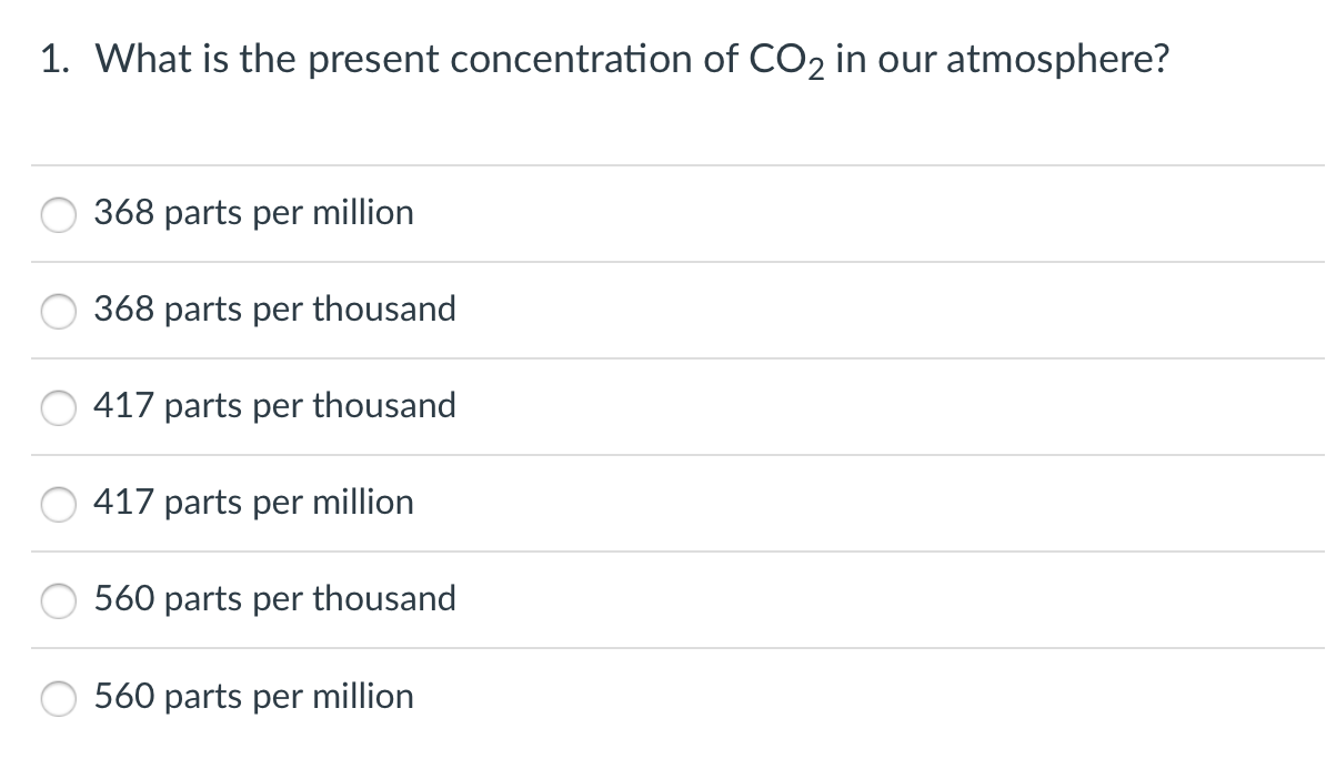 1. What is the present concentration of CO₂ in our atmosphere?
368 parts per million
368 parts per thousand
417 parts per thousand
417 parts per million
560 parts per thousand
560 parts per million