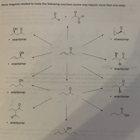 Show reagents needed to make the following reactions (some may require more than one step).
ÅH
OH O
+ enantiomer
OH
+ enantiomer
RO
OH
+ enantiomer
+ enantiomer
H
ognal bliud
OH
+ enantiomer
Br
O
Br
+ enantiomer
Br
+ enantiomer
OH