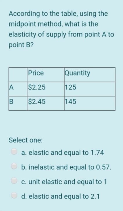 According to the table, using the
midpoint method, what is the
elasticity of supply from point A to
point B?
Price
Quantity
$2.25
125
B
$2.45
145
Select one:
a. elastic and equal to 1.74
b. inelastic and equal to 0.57.
c. unit elastic and equal to 1
d. elastic and equal to 2.1
