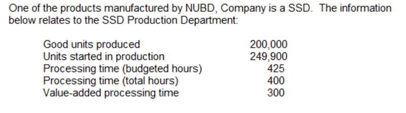 One of the products manufactured by NUBD, Company is a SSD. The information
below relates to the SSD Production Department:
Good units produced
Units started in production
Processing time (budgeted hours)
Processing time (total hours)
Value-added processing time
200,000
249,900
425
400
300
