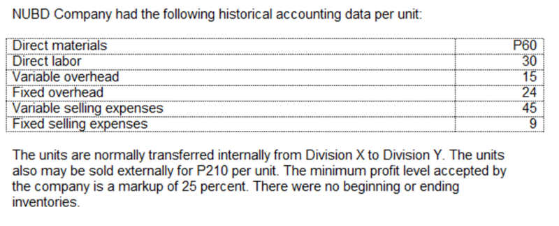 NUBD Company had the following historical accounting data per unit:
Direct materials
Direct labor
Variable overhead
Fixed overhead
Variable selling expenses
Fixed selling expenses
P60
30
15
24
45
6.
The units are normally transferred internally from Division X to Division Y. The units
also may be sold externally for P210 per unit. The minimum profit level accepted by
the company is a markup of 25 percent. There were no beginning or ending
inventories.
