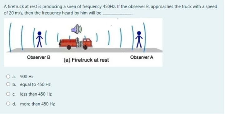 A firetruck at rest is producing a siren of frequency 450HZ. If the observer B, approaches the truck with a speed
of 20 m/s, then the frequency heard by him will be.
Observer B
Observer A
(a) Firetruck at rest
a. 900 Hz
O b. equal to 450 Hz
O. less than 450 Hz
O d. more than 450 Hz
