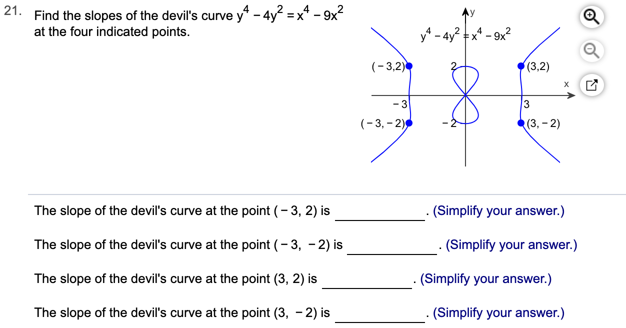 y* - 4y2 =x4 -9x2
21. Find the slopes of the devil's curve
at the four indicated points.
y4- 4y2 x4-9x2
(3,2)
(3,2)
х
-3
3
(3,-2)
(-3, 2)
The slope of the devil's curve at the point (-3, 2) is
(Simplify your answer.)
The slope of the devil's curve at the point (-3, -2) is
(Simplify your answer.)
The slope of the devil's curve at the point (3, 2) is
(Simplify your answer.)
The slope of the devil's curve at the point (3, - 2) is
. (Simplify your answer.)

