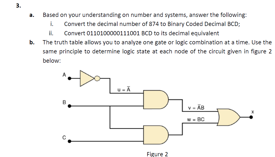а.
Based on your understanding on number and systems, answer the following:
i.
Convert the decimal number of 874 to Binary Coded Decimal BCD;
ii.
Convert 0110100000111001 BCD to its decimal equivalent
b.
The truth table allows you to analyze one gate or logic combination at a time. Use the
same principle to determine logic state at each node of the circuit given in figure 2
below:
u = A
B
V = AB
W = BC
Figure 2
3.
