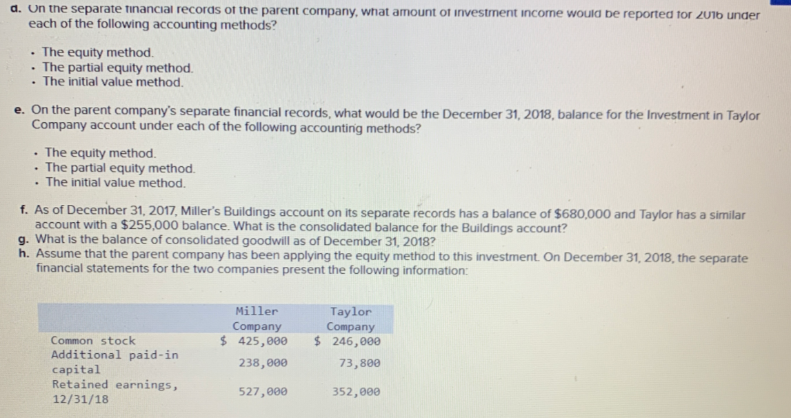 d. On the separate financial records of the parent company, what amount of investrnenit incorne would be reported for 2016 under
each of the following accounting methods?
• The equity method.
• The partial equity method.
• The initial value method
e. On the parent company's separate financial records, what would be the December 31, 2018, balance for the Ivestment in Taylor
Company account under each of the following accounting methods?
• The equity method.
• The partial equity method.
• The initial value method.
f. As of December 31, 2017, Miller's Buildings account on its separate records has a balance of $680,000 and Taylor has a similar
account with a $255,000 balance. What is the consolidated balance for the Buildings account?
g. What is the balance of consolidated goodwill as of December 31, 2018?
h. Assume that the parent company has been applying the equity method to this investment. On December 31, 2018, the separate
financial statements for the two companies present the following information:
Miller
Company
$ 425,000
Taylor
Company
$ 246,000
Common stock
Additional paid-in
capital
Retained earnings,
238,000
73,800
527,000
352,000
12/31/18
