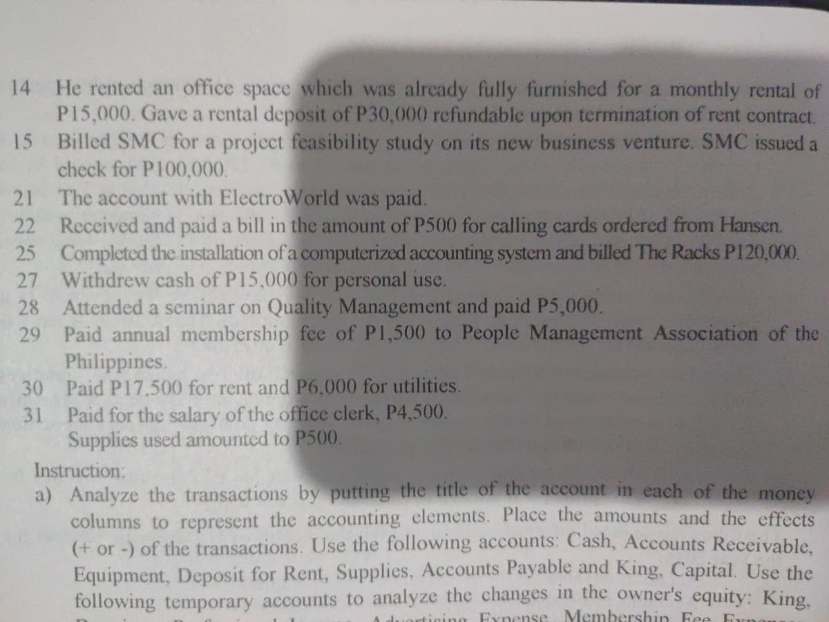 14 He rented an office space which was already fully furnished for a monthly rental of
P15,000. Gave a rental deposit of P30,000 refundable upon termination of rent contract.
Billed SMC for a project feasibility study on its new business venture. SMC issued a
check for P100,000.
15
21 The account with ElectroWorld was paid.
22
Received and paid a bill in the amount of P500 for calling cards ordered from Hansen.
25 Completed the installation of a computerized accounting system and billed The Racks P120,000.
27 Withdrew cash of P15,000 for personal use.
28 Attended a seminar on Quality Management and paid P5,000.
29 Paid annual membership fee of P1,500 to People Management Association of the
Philippines.
30 Paid P17,500 for rent and P6,000 for utilities.
31 Paid for the salary of the office clerk, P4,500.
Supplies used amounted to P500.
Instruction:
a) Analyze the transactions by putting the title of the account in each of the money
columns to represent the accounting elements. Place the amounts and the effects
(+ or -) of the transactions. Use the following accounts: Cash, Accounts Receivable,
Equipment, Deposit for Rent, Supplies, Accounts Payable and King, Capital. Use the
following temporary accounts to analyze the changes in the owner's equity: King.
A duarticing Fynense. Membershin Fee Expo