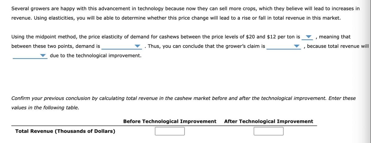 Several growers are happy with this advancement in technology because now they can sell more crops, which they believe will lead to increases in
revenue. Using elasticities, you will be able to determine whether this price change will lead to a rise or fall in total revenue in this market.
Using the midpoint method, the price elasticity of demand for cashews between the price levels of $20 and $12 per ton is
between these two points, demand is
Thus, you can conclude that the grower's claim is
due to the technological improvement.
I
Total Revenue (Thousands of Dollars)
meaning that
because total revenue will
Confirm your previous conclusion by calculating total revenue in the cashew market before and after the technological improvement. Enter these
values in the following table.
Before Technological Improvement After Technological Improvement
