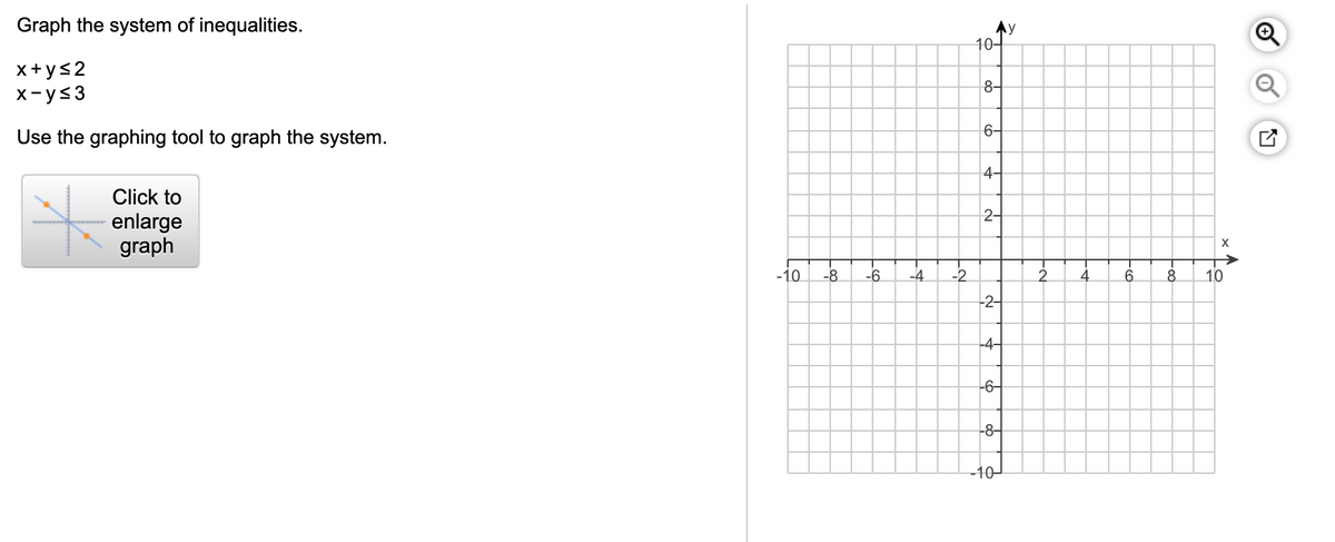 Graph the system of inequalities.
Ay
10-
x+ys2
x-ys3
8-
Use the graphing tool to graph the system.
6-
Click to
4-
enlarge
graph
2-
X
-10
-8
-6
-4
-2
2.
4
10
-2-
-4-
-6-
-8-
-10-
of
