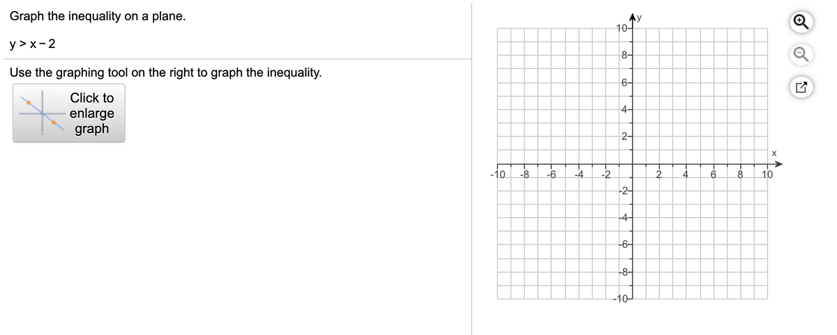 Graph the inequality on a plane.
Ay
10-
y > x- 2
8-
Use the graphing tool on the right to graph the inequality.
6-
Click to
enlarge
graph
4-
2-
X
-10
-8
-6
-4
-2
2.
4
6.
10
-2-
-4-
-6-
-8-
-10
