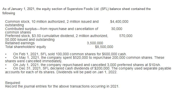 As of January 1, 2021, the equity section of Superstore Foods Ltd. (SFL) balance sheet contained the
following
Common stock, 10 million authorized, 2 million issued and
outstanding
Contributed surplus-from repurchase and cancellation of
common shares
Preferred stock, $3.50 cumulative dividend, 2 million authorized,
50,000 issued and outstanding
Retained earnings
Total shareholders' equity
$4,400,000
30,000
570,000
3,500,000
$8,500,000
On Feb 1, 2021, SFL sold 100,000 common shares for $600,000 cash.
On May 1, 2021, the company spent $520,000 to repurchase 200,000 common shares. These
shares were cancelled immediatelý.
On July 1, 2021, the company repurchased and cancelled 3,000 preferred shares at $10/sh.
On Dec 31, 2021, SFL declared cash dividends of $200,000. The company used separate payable
accounts for each of its shares. Dividends will be paid on Jan 1, 2022.
Required:
Record the journal entries for the above transactions occurring in 2021.
