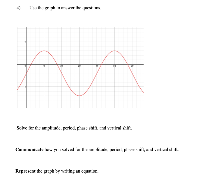 4)
Use the graph to answer the questions.
Em
Solve for the amplitude, period, phase shift, and vertical shift.
Communicate how you solved for the amplitude, period, phase shift, and vertical shift.
Represent the graph by writing an equation.
