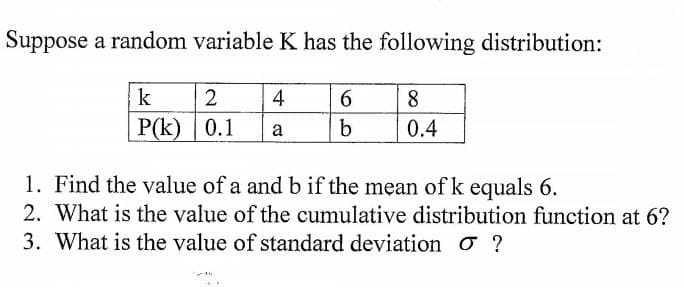 Suppose a random variable K has the following distribution:
k
2
4
6
8
P(k)
0.1
a
b
0.4
1. Find the value of a and b if the mean of k equals 6.
2. What is the value of the cumulative distribution function at 6?
3. What is the value of standard deviation ?