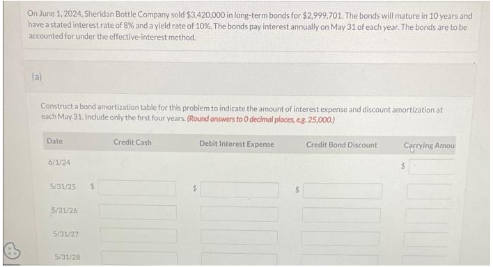 On June 1, 2024, Sheridan Bottle Company sold $3,420,000 in long-term bonds for $2.999,701. The bonds will mature in 10 years and
have a stated interest rate of 8% and a yield rate of 10%. The bonds pay interest annually on May 31 of each year. The bonds are to be
accounted for under the effective-interest method.
(a)
Construct a bond amortization table for this problem to indicate the amount of interest expense and discount amortization at
each May 31. Include only the first four years. (Round answers to 0 decimal places, e.g. 25,000.)
Debit Interest Expense
Date
6/1/24
5/31/25
5/31/26
5/31/27
5/31/28
Credit Cash
Credit Bond Discount
Carrying Amou