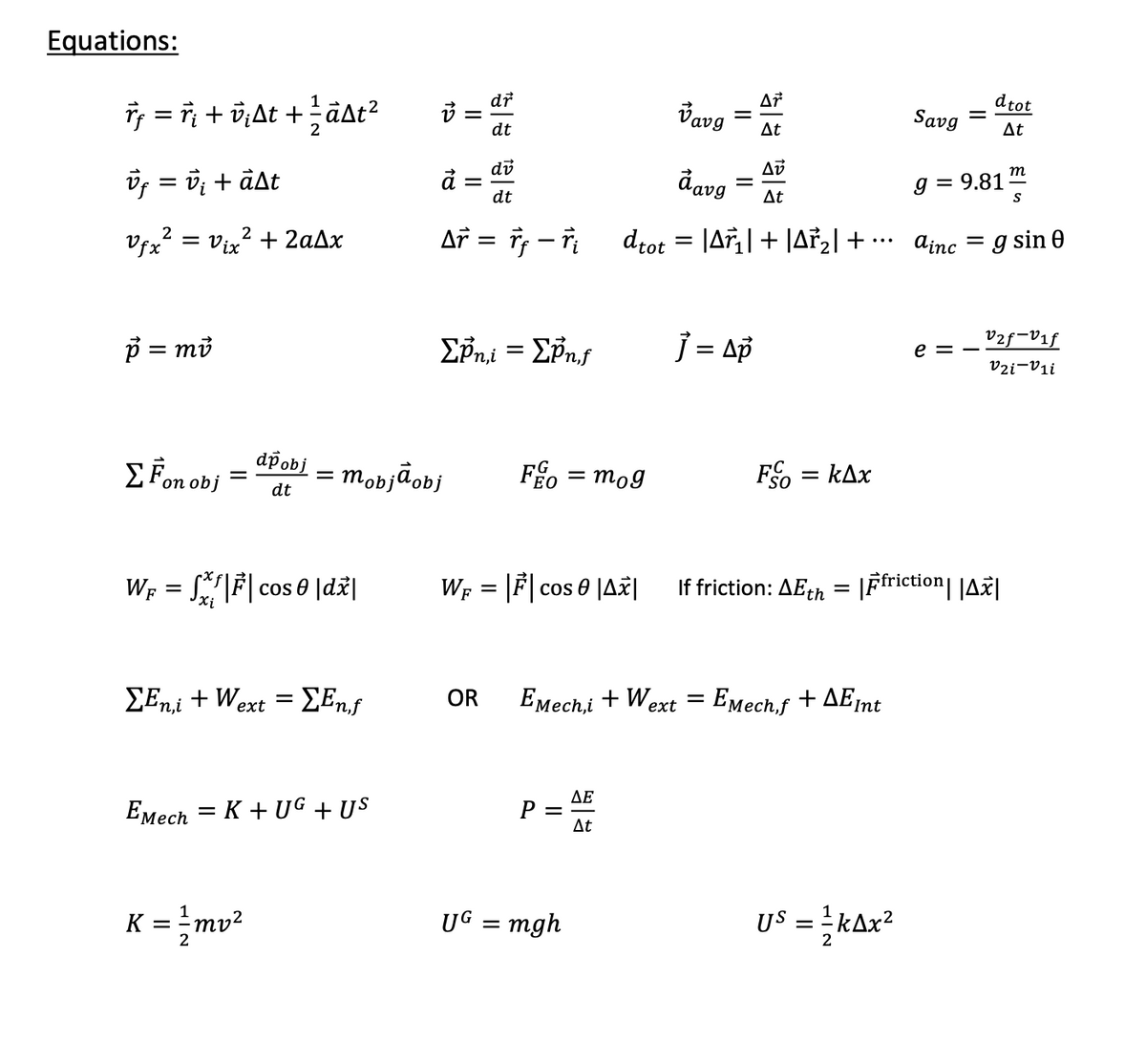 Equations:
i = + v,At +äAt²
1
dr
Vavg
Savg
dtot
%3D
2
dt
At
At
Of = v; + âAt
do
å :
dt
davg =
m
9.81
S
g =
At
Ar = i; - T
2
Vfx² = Vix? + 2AAX
drot = |Ar,|+ |Ař2| +
Ainc = g sin 0
%3D
p = mở
EPni = EPnf
j = ap
v2f-Vif
e
vzi-Vii
E Fon obj =
dpobj
mobjãobj
Fo = mog
Fo = kAx
EO
dt
Wp = S*\F| cos 0 |dž|
WF = |F|cos 0 |Až|
If friction: AEth = |Ffriction| |A|
%3D
ΣΕ + W.xt ΣΕf
OR
EMech,i + Wext
- ΕMech,f T ΔΕt
AE
EMech = K + UG + U$
P
At
UG = mgh
US = kAx?
K =
mv²
II

