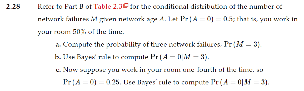 2.28
Refer to Part B of Table 2.3 for the conditional distribution of the number of
network failures M given network age A. Let Pr (A = 0) = 0.5; that is, you work in
your room 50% of the time.
a. Compute the probability of three network failures, Pr (M = 3).
b. Use Bayes' rule to compute Pr (A = 0|M = 3).
c. Now suppose you work in your room one-fourth of the time, so
Pr (A = 0) = 0.25. Use Bayes' rule to compute Pr (A = 0|M = 3).