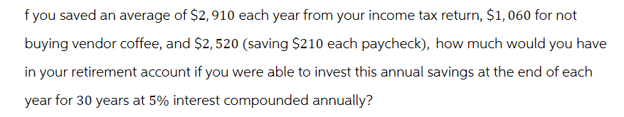 f you saved an average of $2,910 each year from your income tax return, $1,060 for not
buying vendor coffee, and $2, 520 (saving $210 each paycheck), how much would you have
in your retirement account if you were able to invest this annual savings at the end of each
year for 30 years at 5% interest compounded annually?