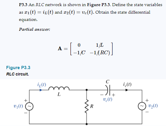 P3.3 An RLC network is shown in Figure P3.3. Define the state variables
as a1(t) = iL(t) and r2(t) = vc(t). Obtain the state differential
equation.
Partial answer:
1/L
=\-1¢ -1/RC)
A =
Figure P3.3
RLC circuit.
C
i,(1)
i(t)
v1(1)
R
(1)’a
v2(1)
