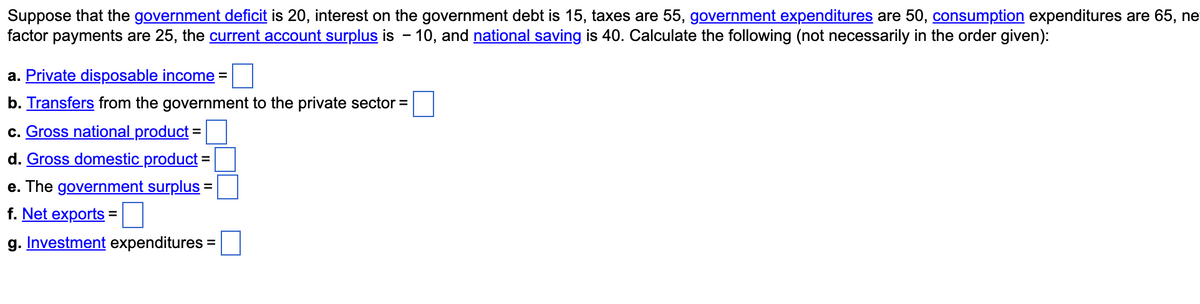 Suppose that the government deficit is 20, interest on the government debt is 15, taxes are 55, government expenditures are 50, consumption expenditures are 65, ne
factor payments are 25, the current account surplus is - 10, and national saving is 40. Calculate the following (not necessarily in the order given):
a. Private disposable income =
b. Transfers from the government to the private sector =
c. Gross national product
d. Gross domestic product :
e. The government surplus =
f. Net exports
%D
g. Investment expenditures =
