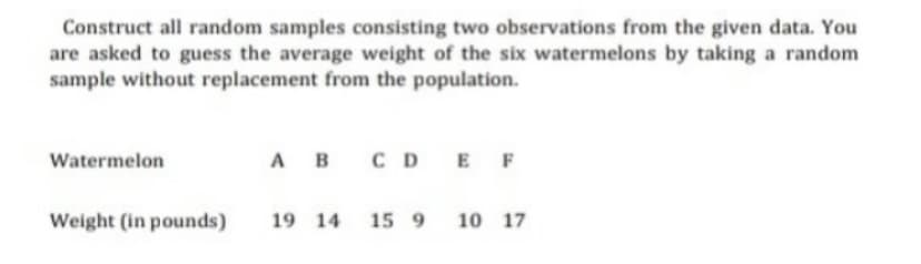 Construct all random samples consisting two observations from the given data. You
are asked to guess the average weight of the six watermelons by taking a random
sample without replacement from the population.
A B
CD E F
Watermelon
Weight (in pounds)
19 14
15 9
10 17
