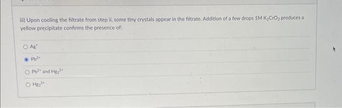 iii) Upon cooling the filtrate from step il, some tiny crystals appear in the filtrate. Addition of a few drops 1M K₂CrO₂ produces al
yellow precipitate confirms the presence of:
Ag
●Pb²+
O Pb² and Hg₂2
H₂2