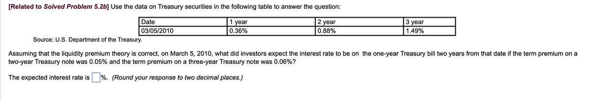 [Related to Solved Problem 5.26] Use the data on Treasury securities in the following table to answer the question:
2 year
Date
03/05/2010
1 year
0.36%
0.88%
3 year
1.49%
Source: U.S. Department of the Treasury.
Assuming that the liquidity premium theory is correct, on March 5, 2010, what did investors expect the interest rate to be on the one-year Treasury bill two years from that date if the term premium on a
two-year Treasury note was 0.05% and the term premium on a three-year Treasury note was 0.06%?
The expected interest rate is%. (Round your response to two decimal places.)