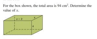 For the box shown, the total area is 94 cm?. Determine the
value of x.
x+2
