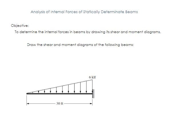 Analysis of Internal Forces of Statically Determinate Beams
Objective:
To determine the internal forces in beams by drawing its shear and moment diagrams.
Draw the shear and moment diagrams of the following beams:
30 ft
6 klf