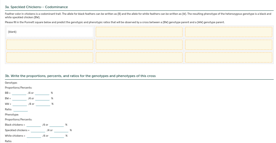 3a. Speckled Chickens-- Codominance
Feather color in chickens is a codominant trait. The allele for black feathers can be written as (B) and the allele for white feathers can be written as (W). The resulting phenotype of the heterozygous genotype is a black and
white speckled chicken (BW).
Please fill in the Punnett square below and predict the genotypic and phenotypic ratios that will be observed by a cross between a (BW) genotype parent and a (WW) genotype parent.
(blank)
3b. Write the proportions, percents, and ratios for the genotypes and phenotypes of this cross
Genotype:
Proportions/Percents:
BB =
/4 or
BW =
14 or
WW
/4 or
Ratio:
Phenotype:
Proportions/Percents:
Black chickens =
/4 or
Speckled chickens =
/4 or
White chickens =
/4 or
Ratio:

