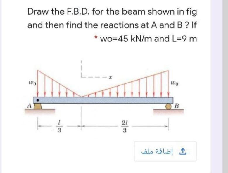 Draw the F.B.D. for the beam shown in fig
and then find the reactions at A and B ? If
* wo=45 kN/m and L=9 m
--x
wo
wo
B.
21
3
3.
إضافة ملف
