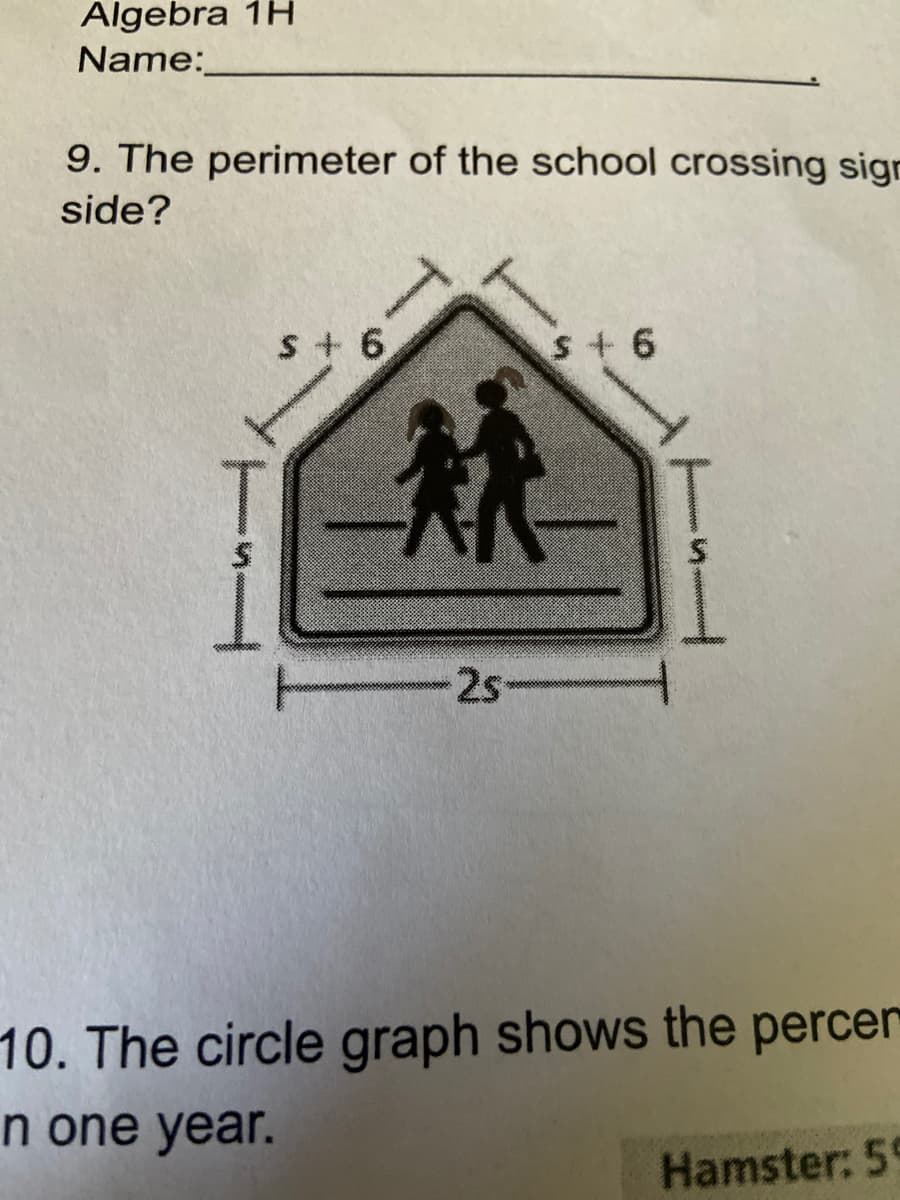 Algebra 1H
Name:
9. The perimeter of the school crossing sign
side?
s+ 6
S+ 6
熱
2s
10. The circle graph shows the percer
n one year.
Hamster: 59
