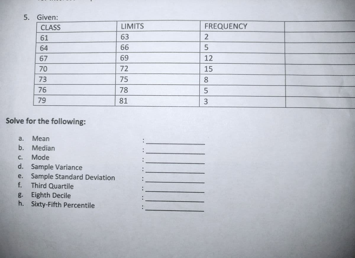 5. Given:
CLASS
LIMITS
FREQUENCY
61
63
64
66
67
69
12
70
72
15
73
75
76
78
79
81
Solve for the following:
a.
Mean
b. Median
С.
Mode
d. Sample Variance
e. Sample Standard Deviation
f. Third Quartile
g. Eighth Decile
h. Sixty-Fifth Percentile
25
00 53

