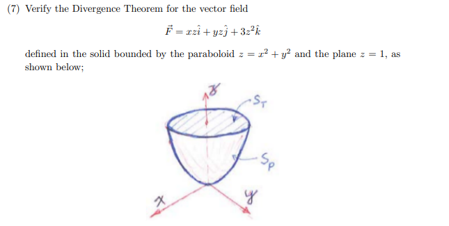 (7) Verify the Divergence Theorem for the vector field
F = azi + yzj +32²k
defined in the solid bounded by the paraboloid z = r? + y² and the plane z = 1, as
shown below;
