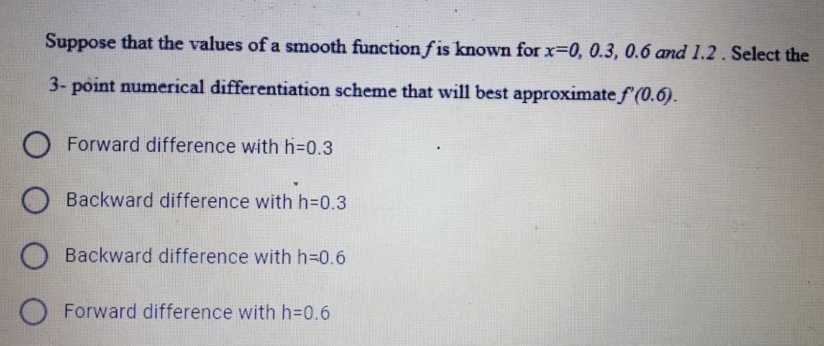 Suppose that the values of a smooth function f is known for x=0, 0.3, 0.6 and 1.2. Select the
3- point numerical differentiation scheme that will best approximate f'(0.6).
O Forward difference with h=0.3
O Backward difference with h=0.3
O Backward difference with h=0.6
O Forward difference with h=0.6
