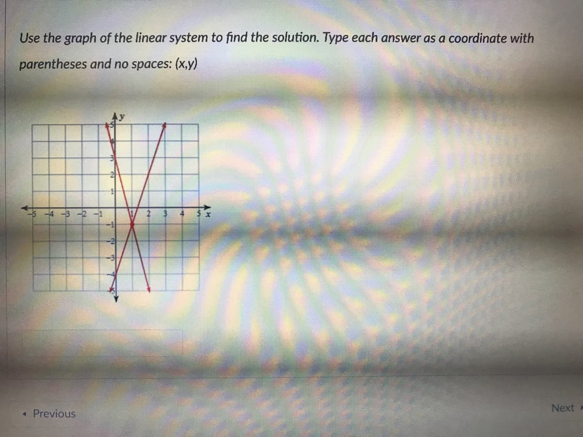 Use the graph of the linear system to find the solution. Type each answer as a coordinate with
parentheses and no spaces: (x,y)
Next
* Previous
