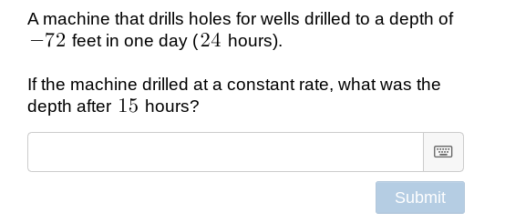 A machine that drills holes for wells drilled to a depth of
-72 feet in one day (24 hours).
If the machine drilled at a constant rate, what was the
depth after 15 hours?
Submit
