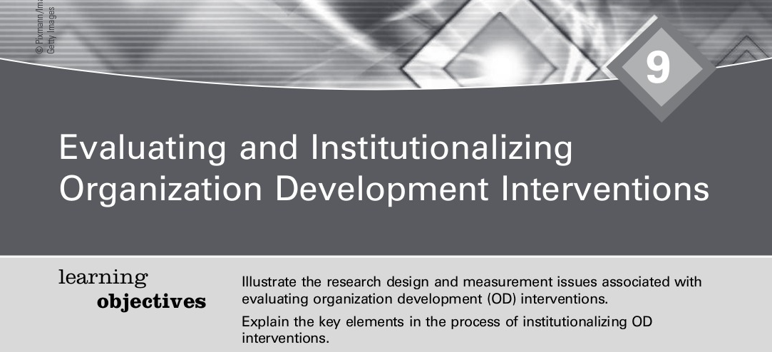 6.
Evaluating and Institutionalizing
Organization Development Interventions
learning
objectives
Illustrate the research design and measurement issues associated with
evaluating organization development (OD) interventions.
Explain the key elements in the process of institutionalizing OD
interventions.
