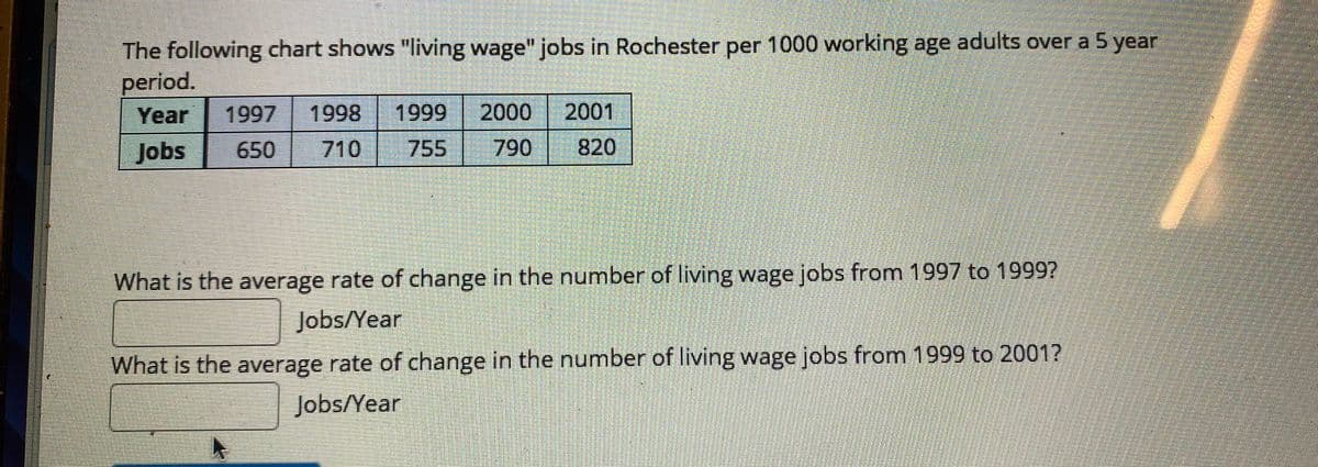 The following chart shows "living wage" jobs in Rochester per 1000 working age adults over a 5 year
period.
Year
1997
1998
1999
2000 2001
Jobs
650
710
755
790
820
What is the average rate of change in the number of living wage jobs from 1997 to 19997
Jobs/Year
What is the average rate of change in the number of living wage jobs from 1999 to 2001?
Jobs/Year
