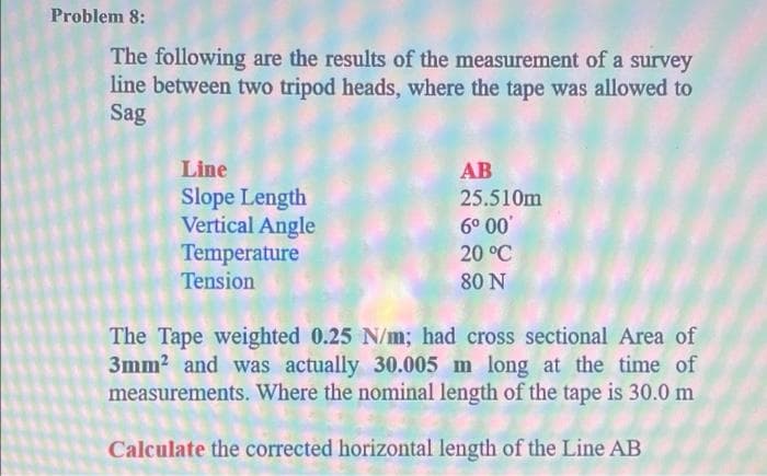 Problem 8:
The following are the results of the measurement of a survey
line between two tripod heads, where the tape was allowed to
Sag
Line
AB
Slope Length
Vertical Angle
Temperature
Tension
25.510m
6° 00'
20 °C
80 N
The Tape weighted 0.25 N/m; had cross sectional Area of
3mm2 and was actually 30.005 m long at the time of
measurements. Where the nominal length of the tape is 30.0 m
Calculate the corrected horizontal length of the Line AB
