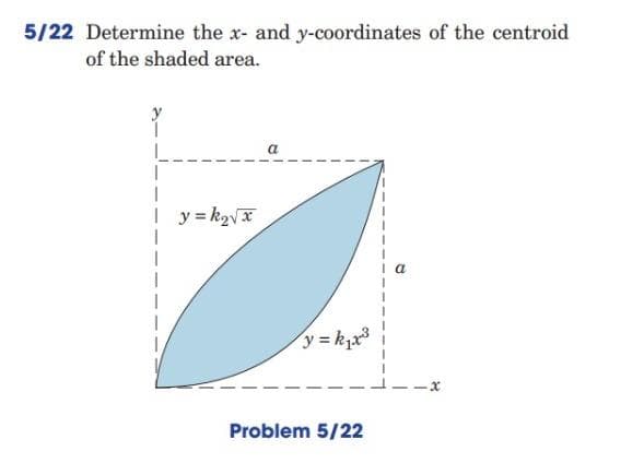 5/22 Determine the x- and y-coordinates of the centroid
of the shaded area.
a
1
| y=k₂√x
y=k₁x³
Problem 5/22
x