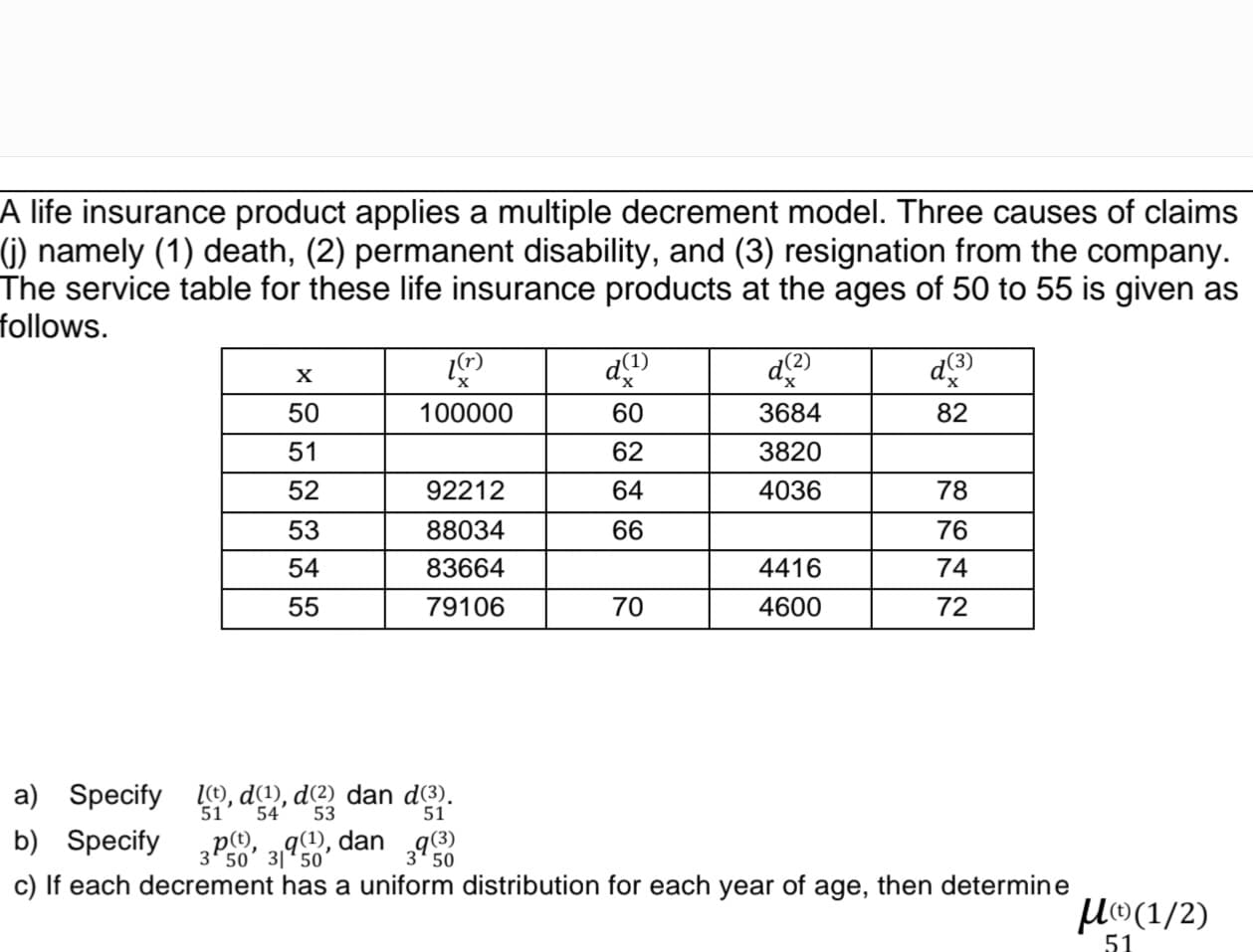 A life insurance product applies a multiple decrement model. Three causes of claims
(j) namely (1) death, (2) permanent disability, and (3) resignation from the company.
The service table for these life insurance products at the ages of 50 to 55 is given as
follows.
X
50
51
52
53
54
55
[(r)
100000
92212
88034
83664
79106
Specify l), d(1), d(2) dan d(3³).
51 54 53
51
60
62
64
66
70
3684
3820
4036
4416
4600
d(³)
82
78
76
74
72
a)
b) Specify 3P50, 390, dan 393)
50
50
c) If each decrement has a uniform distribution for each year of age, then determine
μ®(1/2)
51