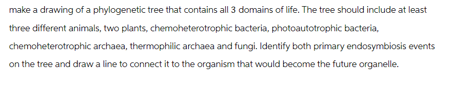 make a drawing of a phylogenetic tree that contains all 3 domains of life. The tree should include at least
three different animals, two plants, chemoheterotrophic bacteria, photoautotrophic bacteria,
chemoheterotrophic archaea, thermophilic archaea and fungi. Identify both primary endosymbiosis events
on the tree and draw a line to connect it to the organism that would become the future organelle.